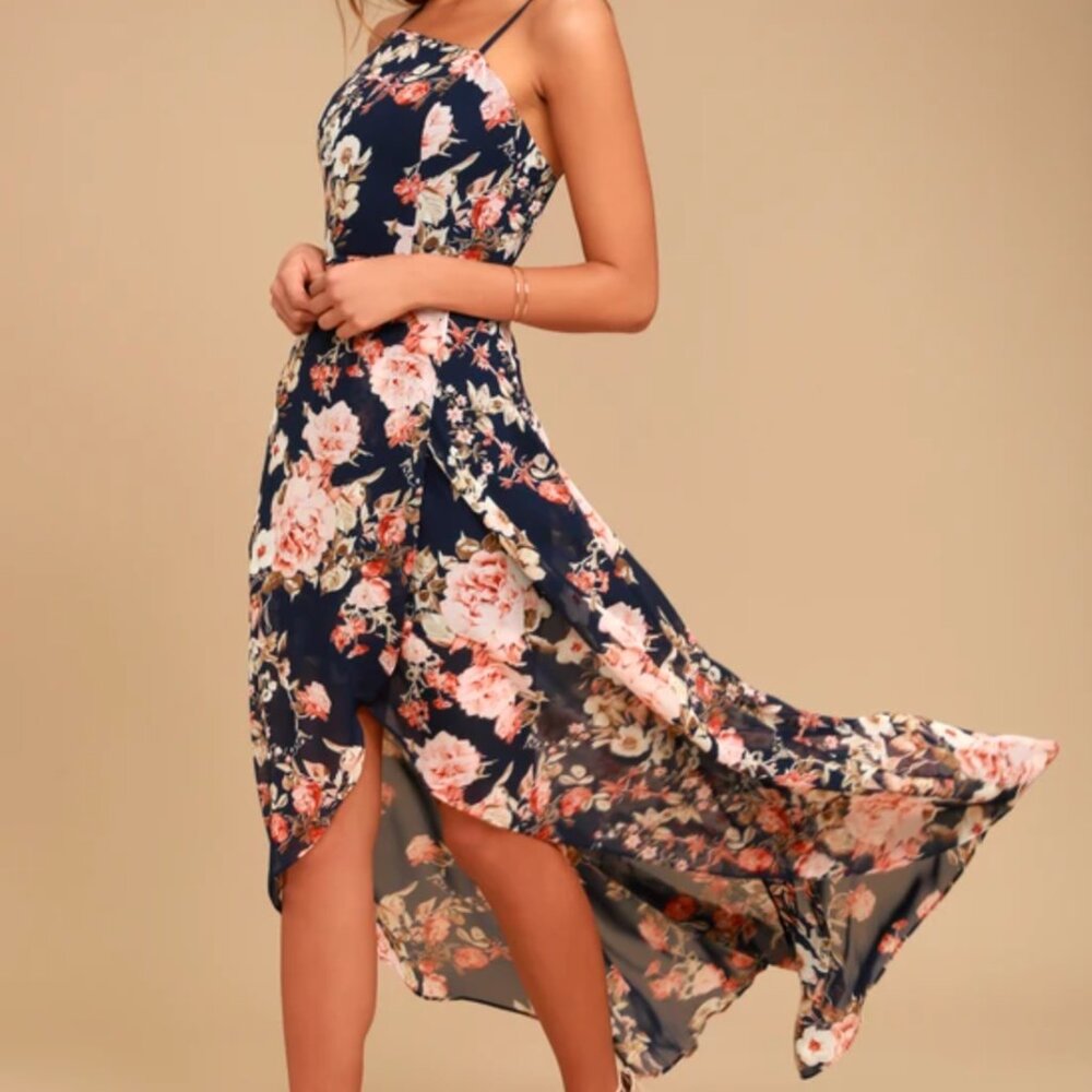 Lulu’s Reflection Navy Blue Floral Print High-low Dress